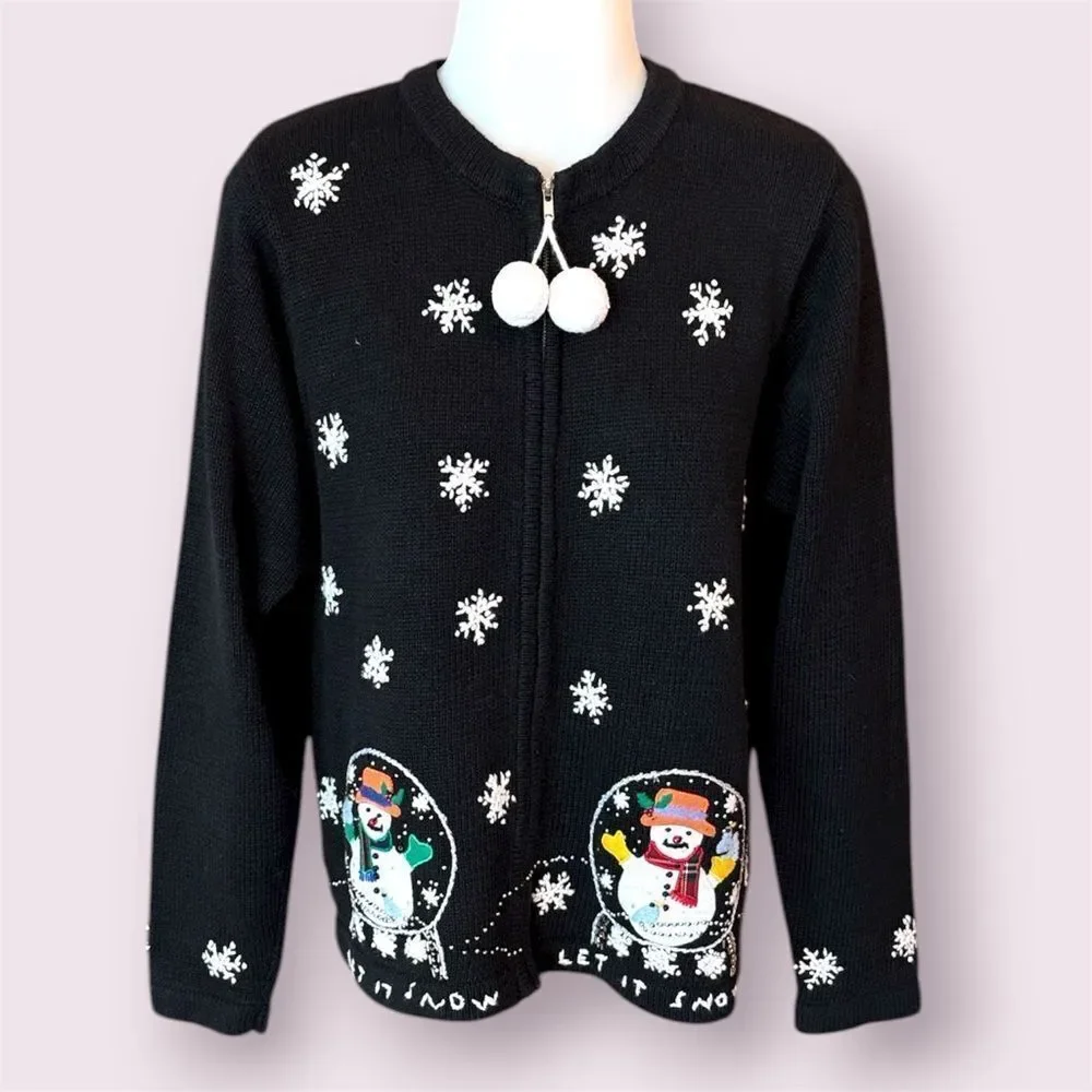 LEMON GRASS Vintage Winter Christmas Snow Globe Let It Snow Embroidered Cardigan